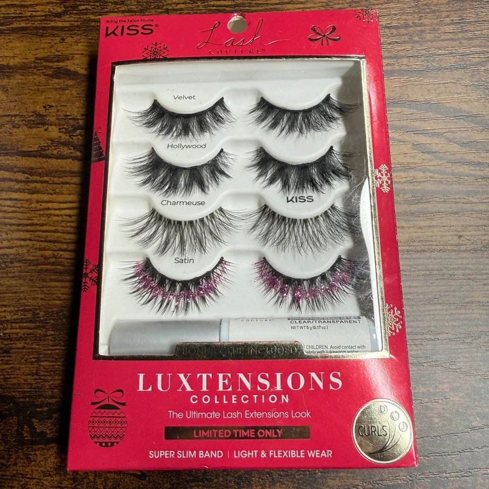 KISS Luxtensions Collection False Eyelashes 4 Pair Set D Curl Black Pink Glitter